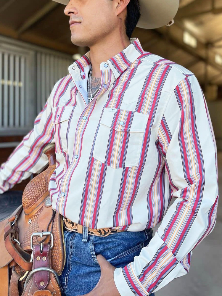 Men's Western Pink Stripe Casual Long Sleeve Shirt