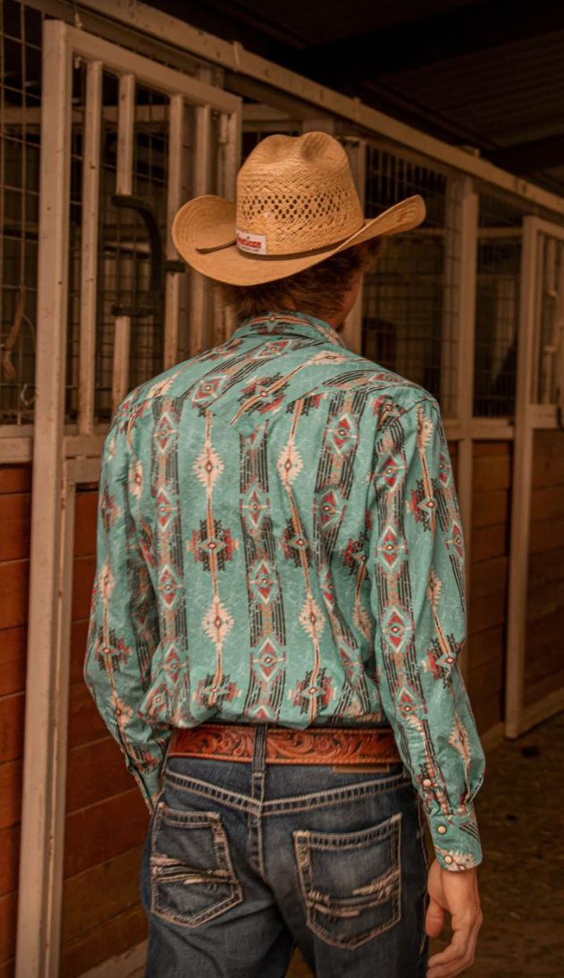 Men's Retro Western Fashion Green Printed Casual Lapel Long Sleeve Shirt