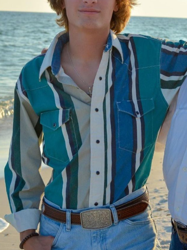 Men's Vintage Green and Blue Stripe Print Shirt