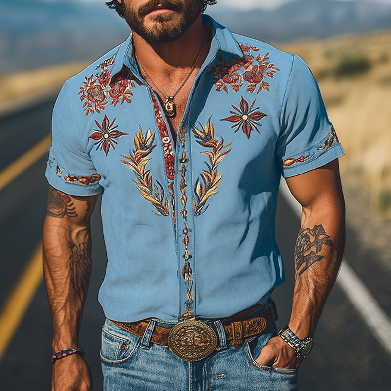 Men's Spring/Summer Fashion Retro Western Style Suede Embroidered Short Sleeve Shirt MTA1533D2K