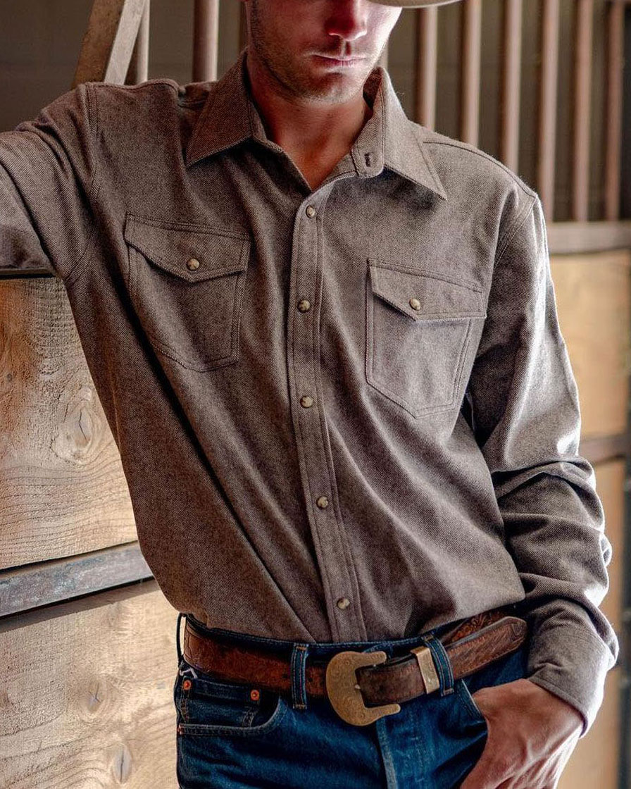 Men's Brown Western Casual Vintage Lapel Long Sleeve Shirt