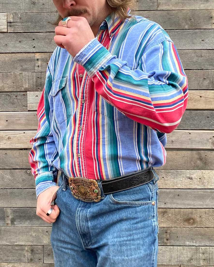 Men's Casual Vintage Blue Stripe Print Long Sleeve Lapel Shirt