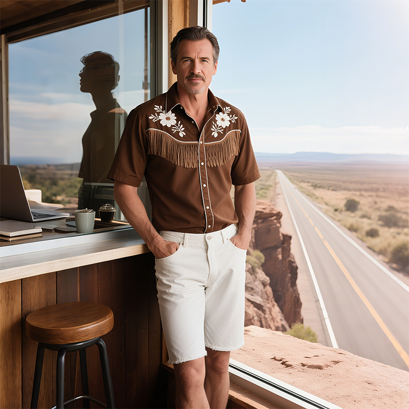 Men's Summer New Casual American Western Style Cotton Blend Embroidered Tassel Slim Short-sleeved Shirt MTA1786F6K