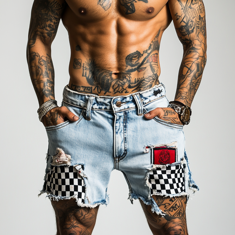 Men's Ripped Check Denim Shorts MTA1296F1X