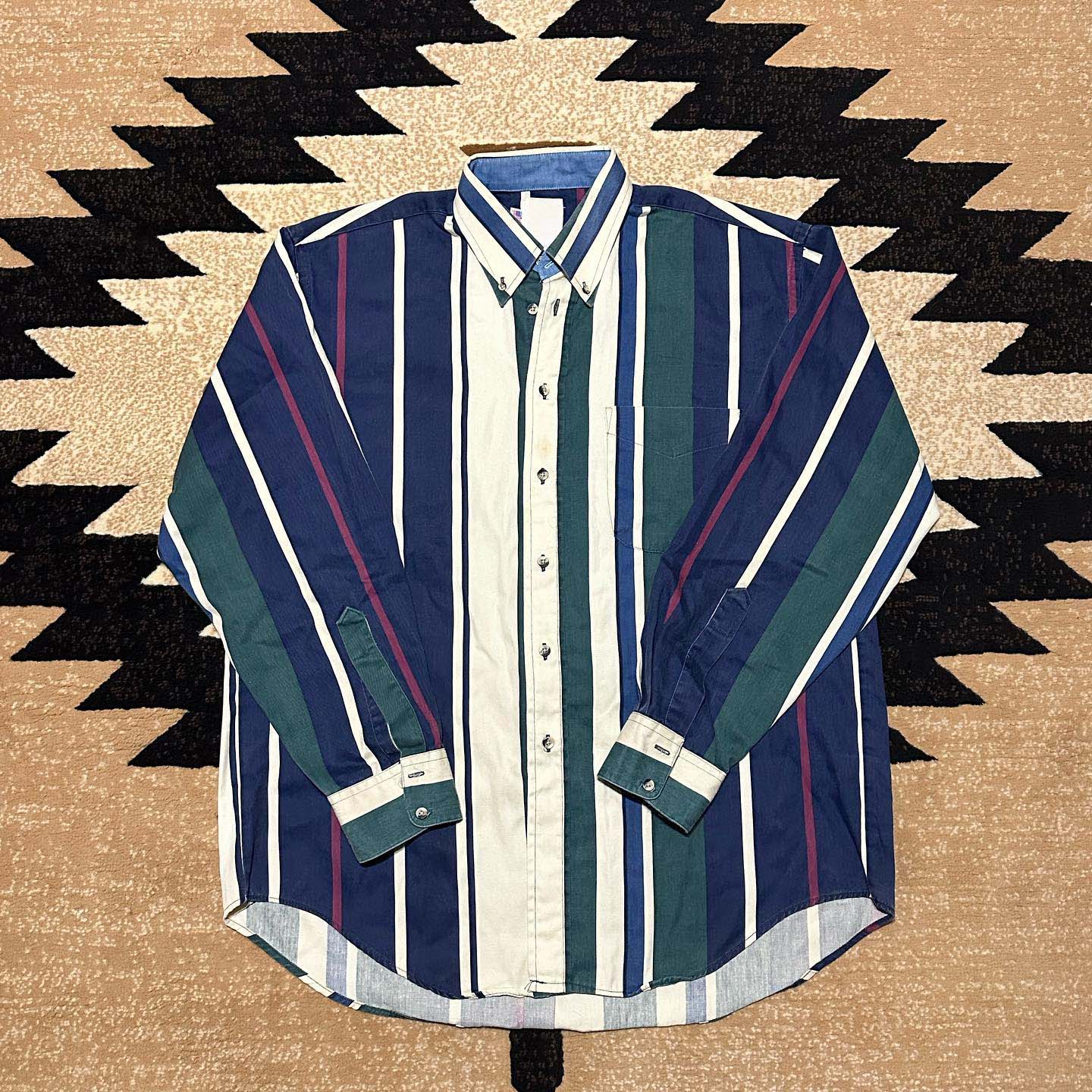Men's Western Casual Blue Green Striped Long Sleeve Shirt