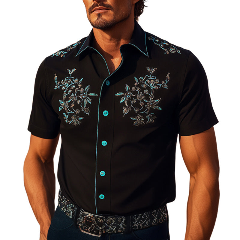 Men's Summer Western Cowboy Style Retro Embroidered Short-Sleeved Shirt MTA2189E4U