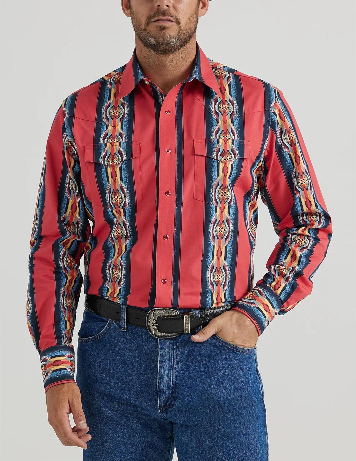 Long Sleeve Western Snap Printed Shirt In Red Flame