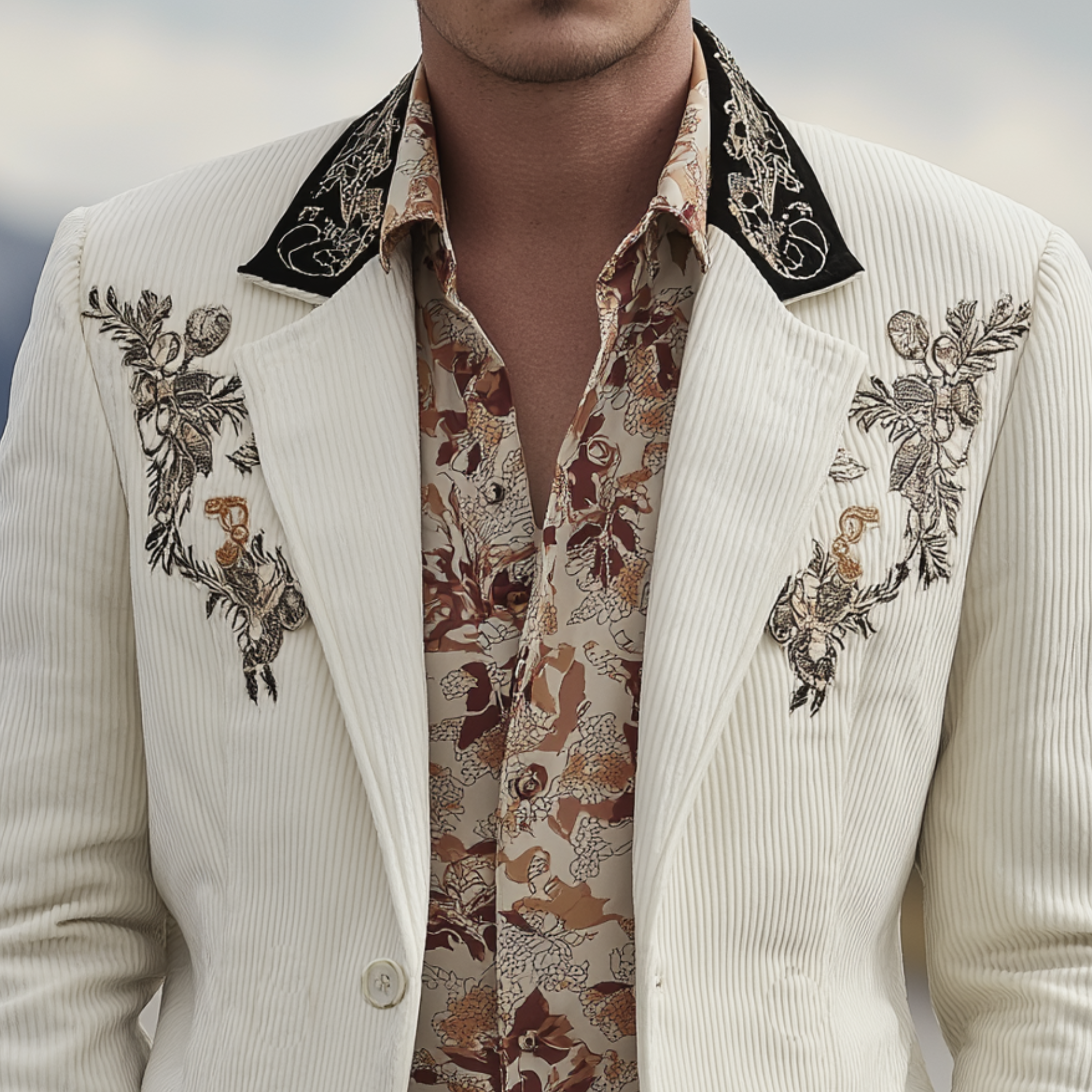 Men's Classic Casual Western Cowboy Style Corduroy Embroidered Single-breasted Blazer MTA3140G8K