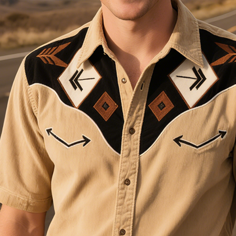 Men's Vintage Casual Western Corduroy Geometric Embroidery Lapel Turndown Sleeve Shirt MTA2236G0TO