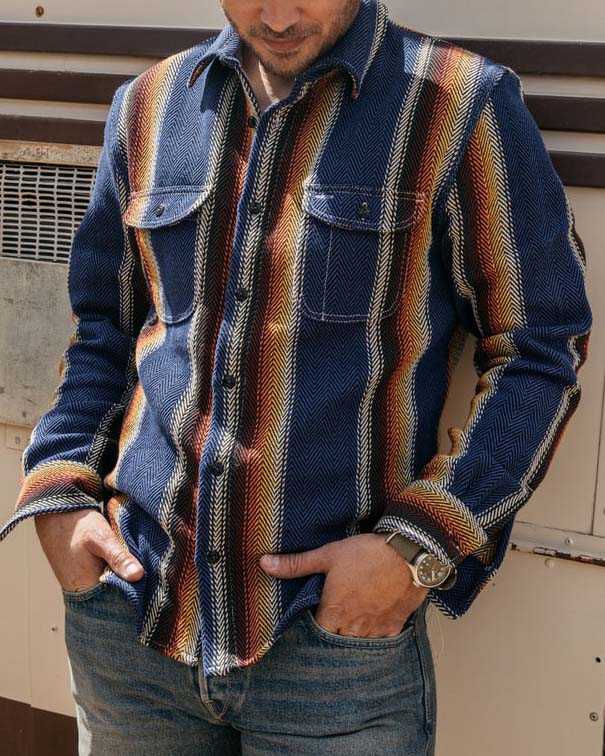 Men's Fashion Western Blue Orange Striped Long Sleeve Shirt