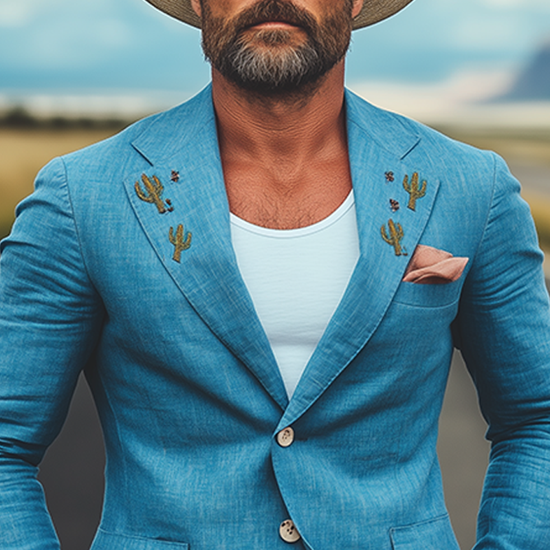 Men's Spring And Summer Casual American Western Tough Style Cactus Embroidered Blue Cotton And Linen Single-breasted Blazer MTA0991F2K