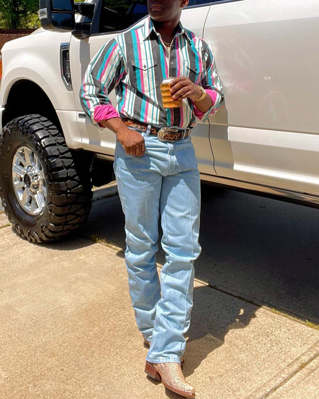 Men's Casual Western Gray White Striped Long Sleeve Shirt