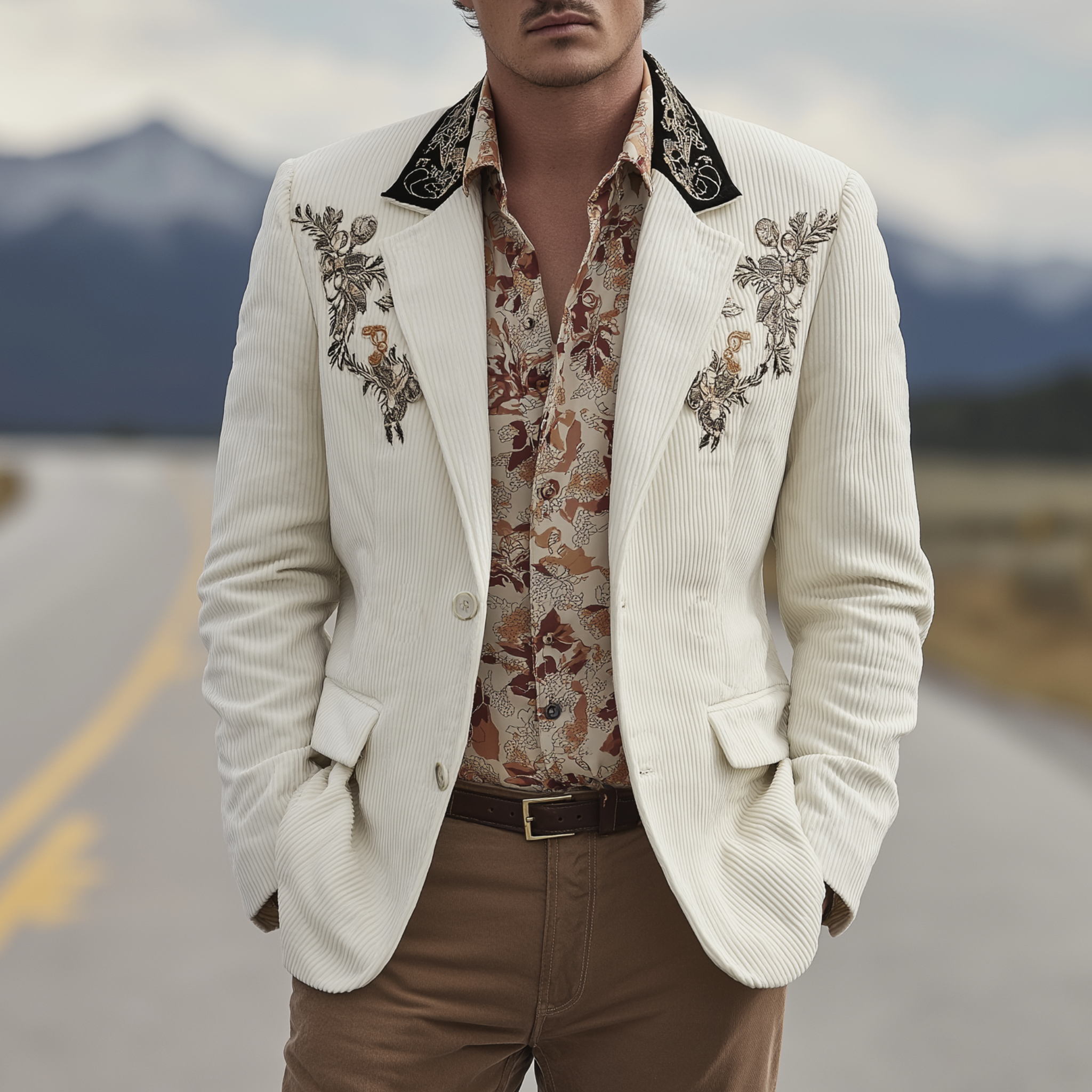 Men's Classic Casual Western Cowboy Style Corduroy Embroidered Single-breasted Blazer MTA3140G8K