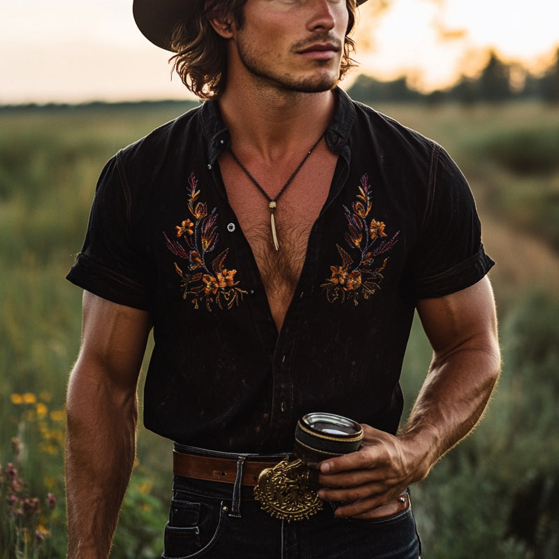 Men's Vintage Embroidered Lapel Short Sleeve Shirt MTA2889D1X