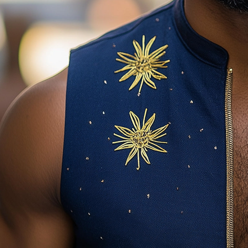 Men's Summer Fashion Star Embroidery Cotton And Linen Sleeveless Shirt MTA2954E9P