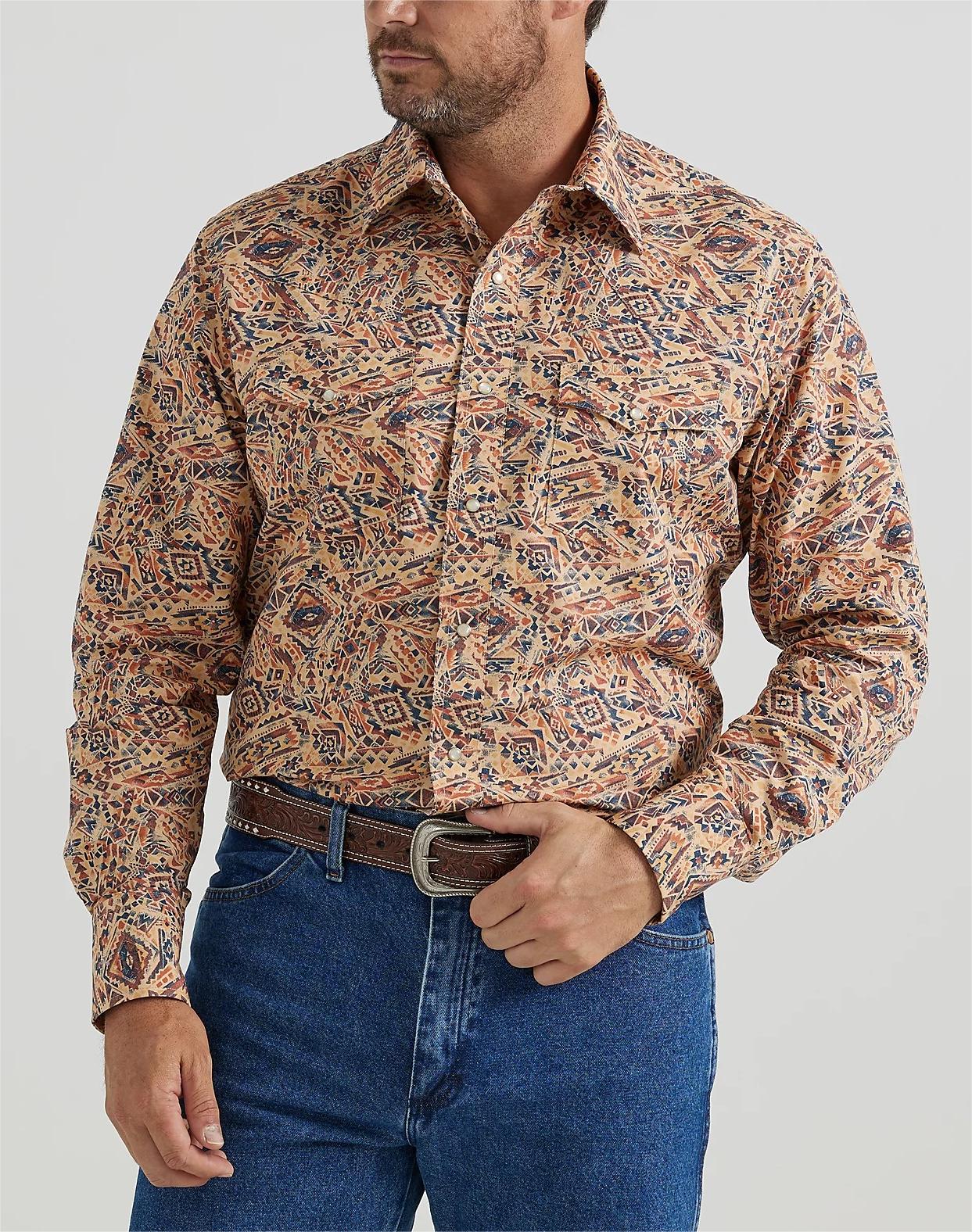 Long Sleeve Western Snap Printed Shirt In Fiesta Orange