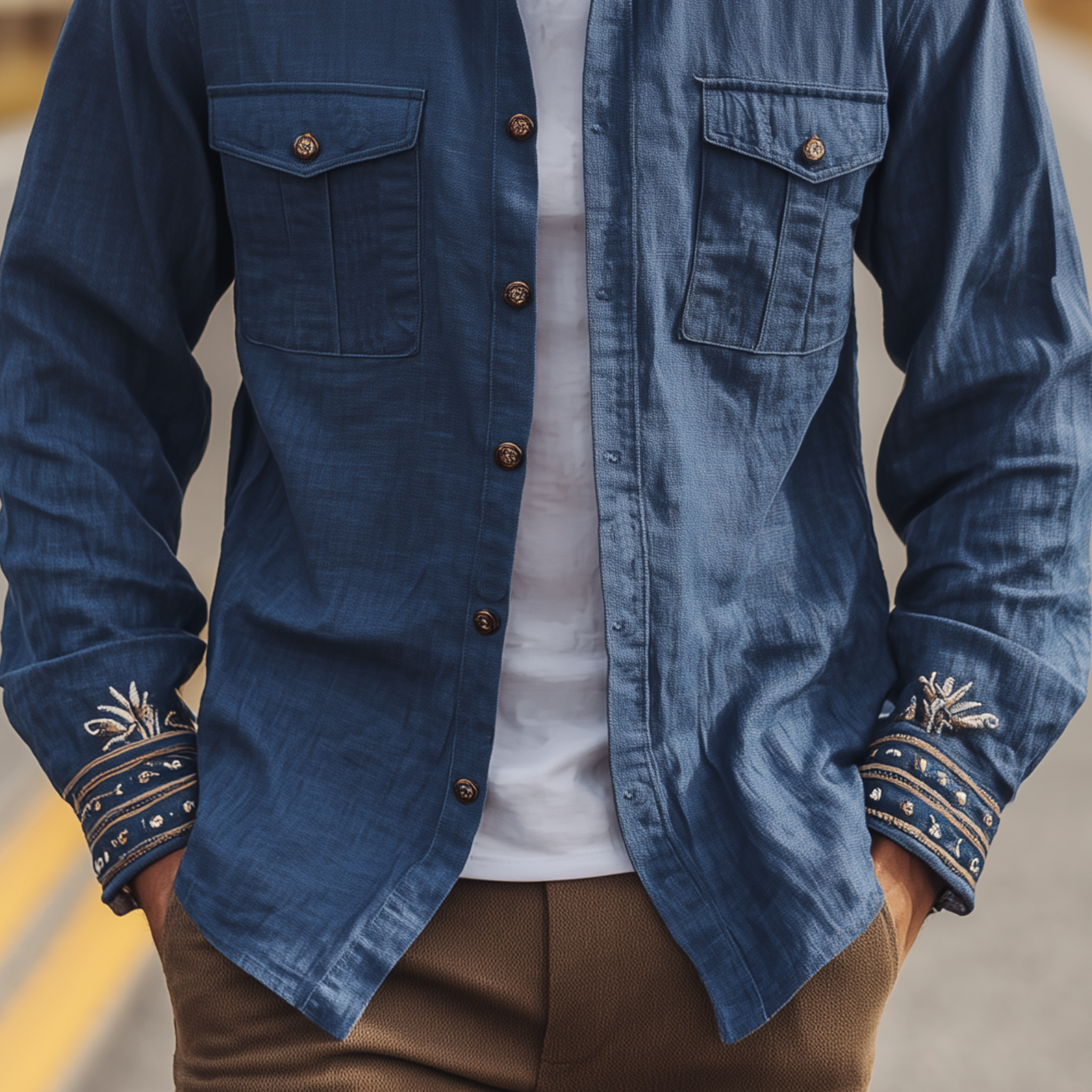 Men's Classic Casual Western Cowboy Style Embroidered Cotton And Linen Blend Long-sleeved Shirt MTA3195G7K