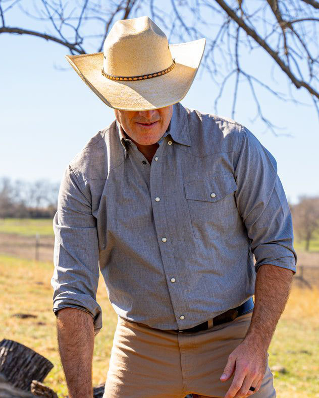 Men's Blue Gray Western Casual Vintage Lapel Long Sleeve Shirt