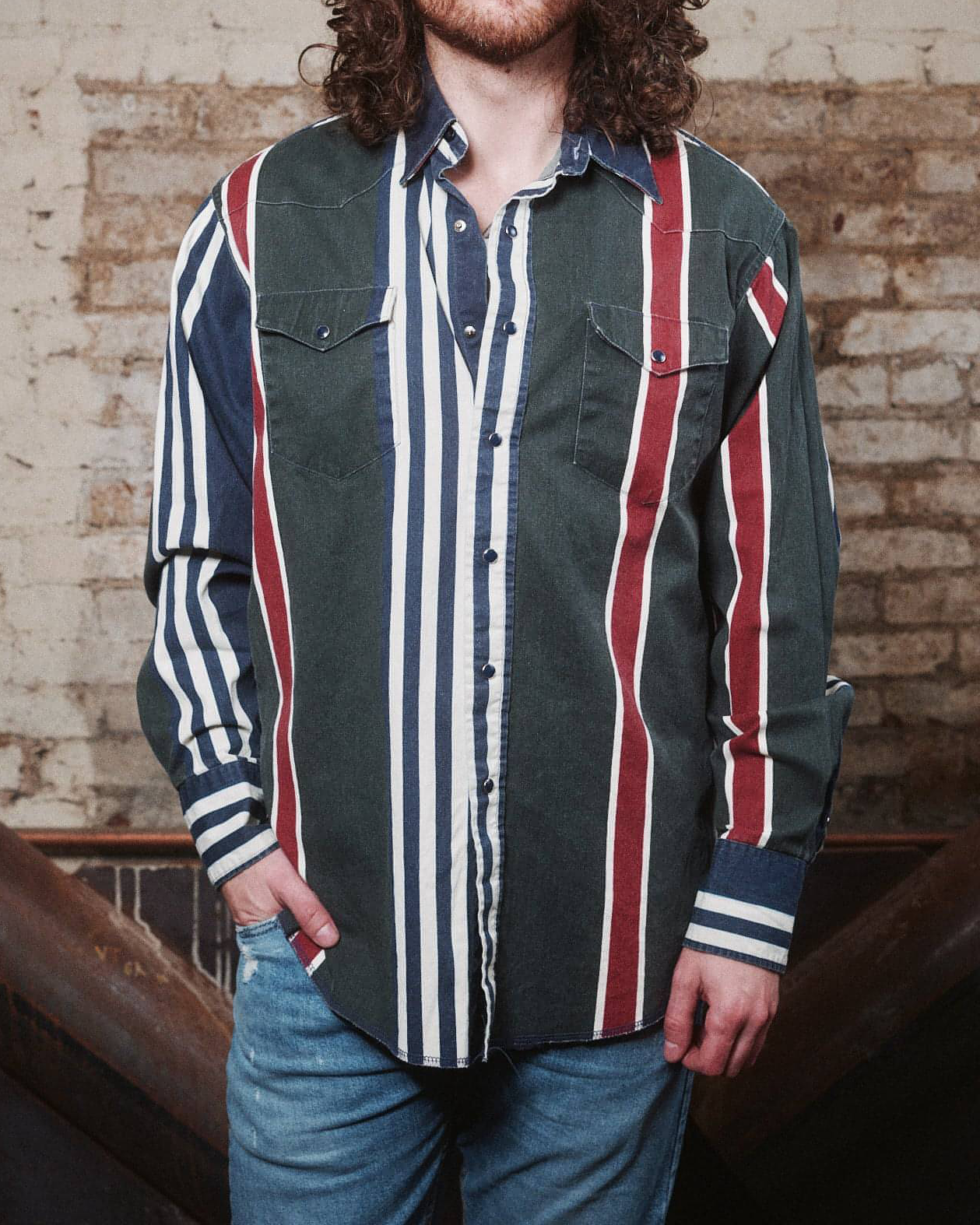 Men's Western Fashion Green Red Striped Long Sleeve Shirt