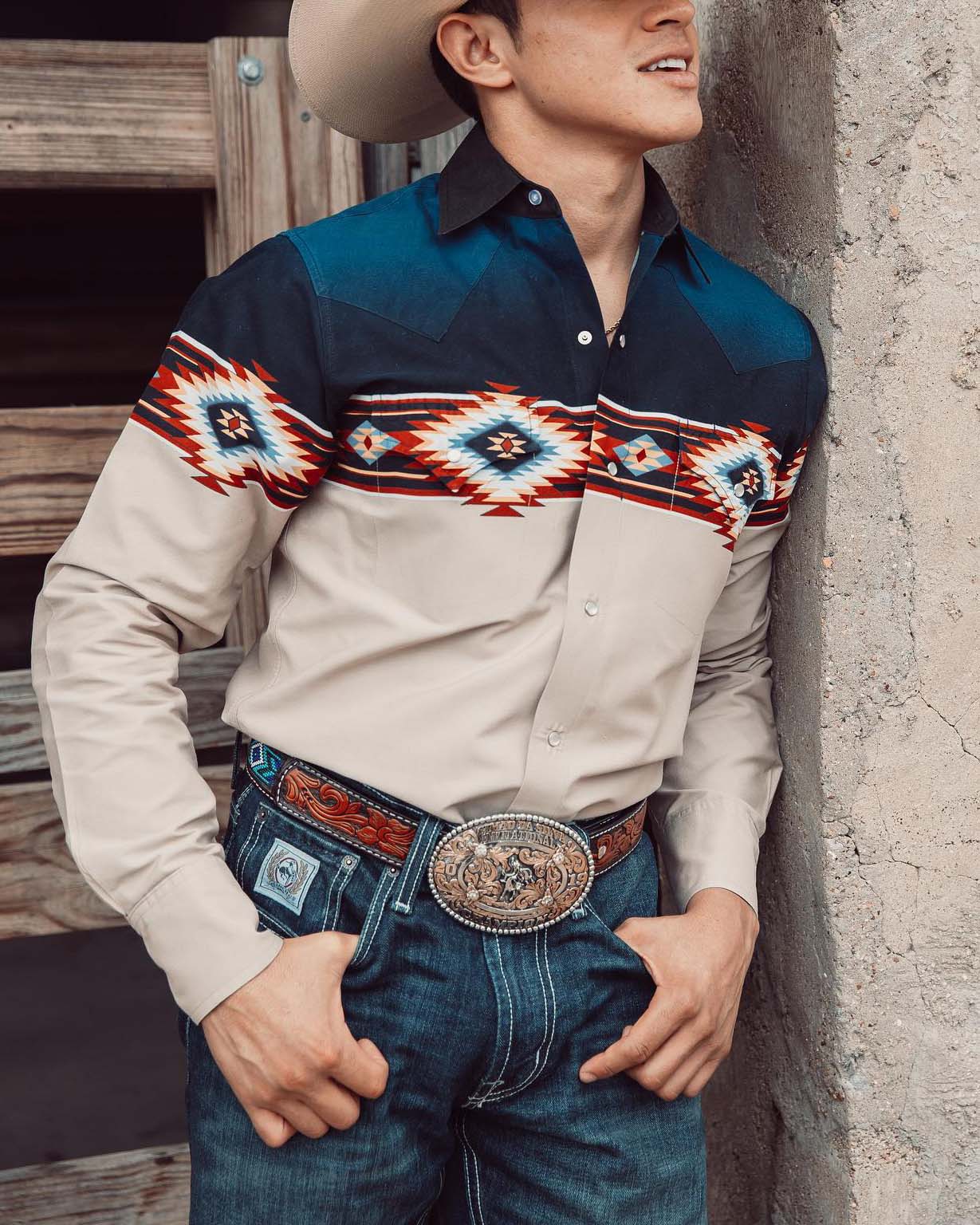 Men's Casual Lapel Khaki Western Print Shirt