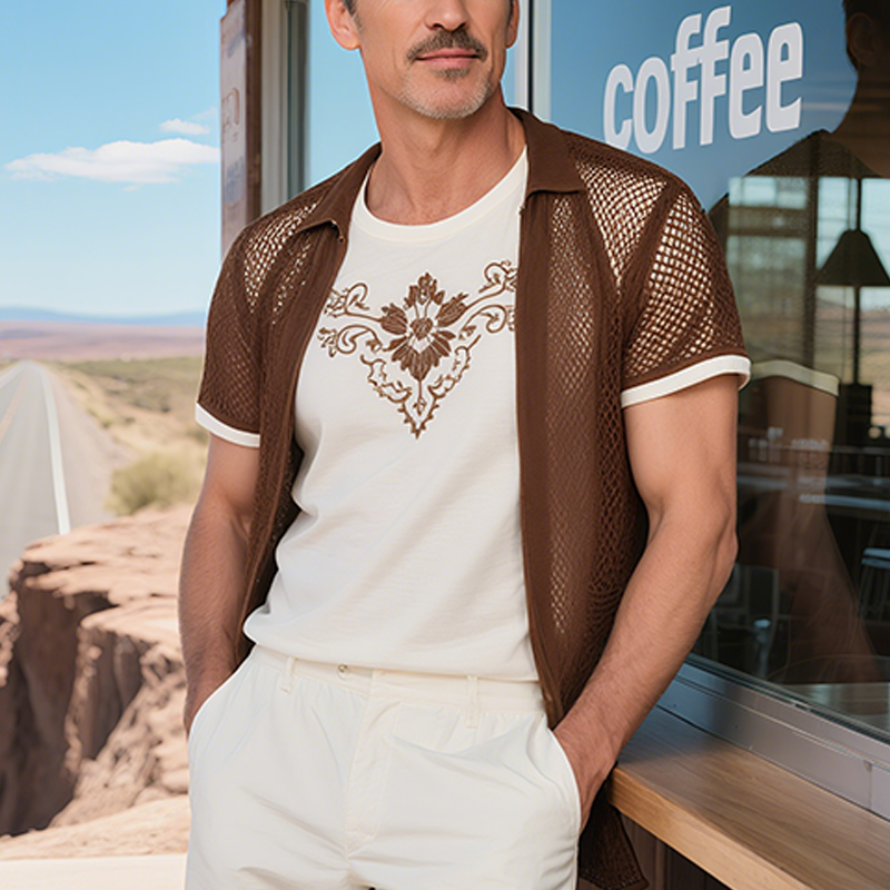 Men's Summer New Casual American Western Style Mesh Fabric Splicing Cotton Blended Fake Two-piece Embroidery Slim Short-sleeved Shirt MTA1771F8K