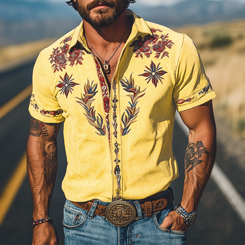Men's Spring/Summer Fashion Retro Western Style Suede Embroidered Short Sleeve Shirt MTA1533D2K