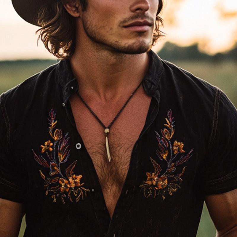 Men's Vintage Embroidered Lapel Short Sleeve Shirt MTA2889D1X