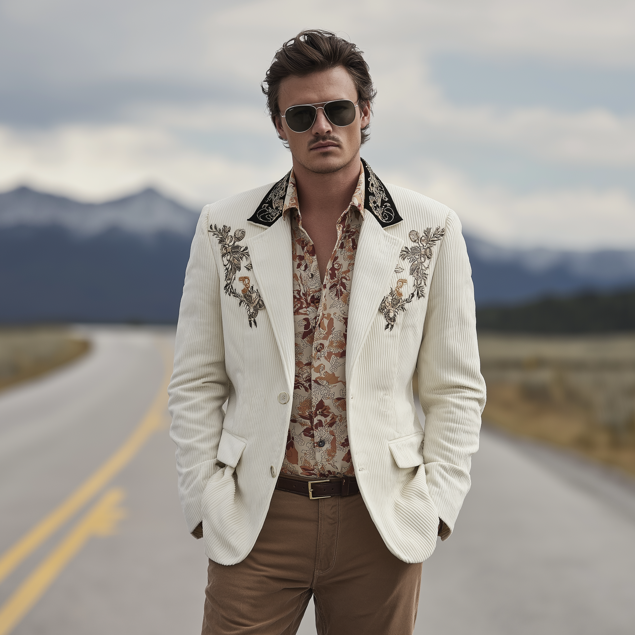 Men's Classic Casual Western Cowboy Style Corduroy Embroidered Single-breasted Blazer MTA3140G8K