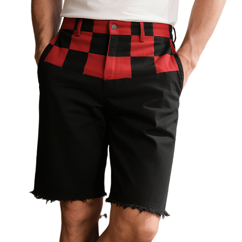 Men's Spring And Summer Casual American Western Style Cotton Blended Printed Plaid Raw Edge Shorts MTA1720F4K