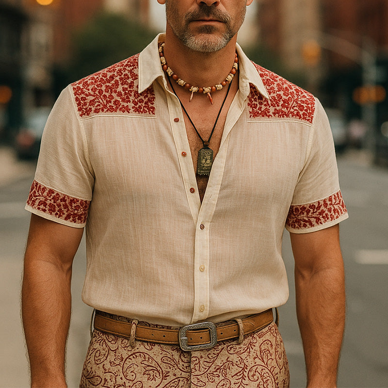 Men's Summer Fashion Breathable Embroidered Light Linen Short Sleeve Shirt MTA2349E8P