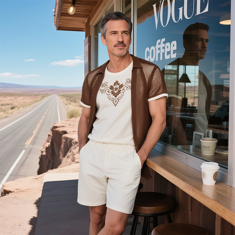 Men's Summer New Casual American Western Style Mesh Fabric Splicing Cotton Blended Fake Two-piece Embroidery Slim Short-sleeved Shirt MTA1771F8K