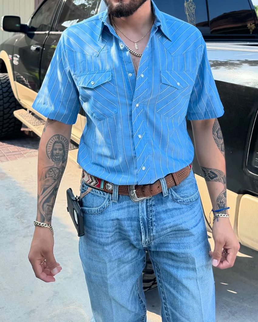 Men's Casual Retro Blue Striped Short Sleeve Shirt