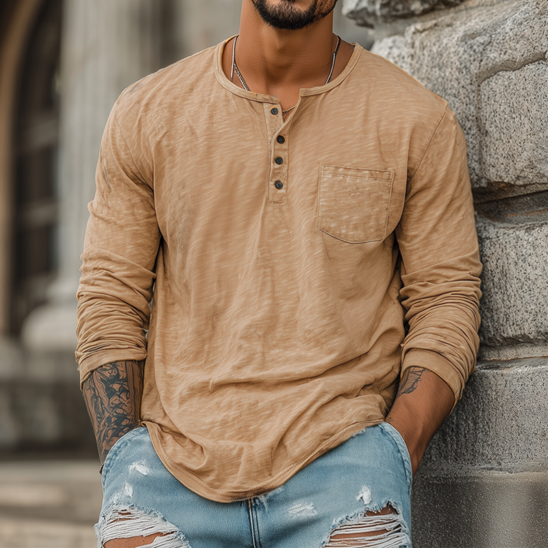 Men's Spring And Summer Casual Tough Style Henry Collar Bamboo Cotton Long Sleeve T-Shirt MTA1676G2K