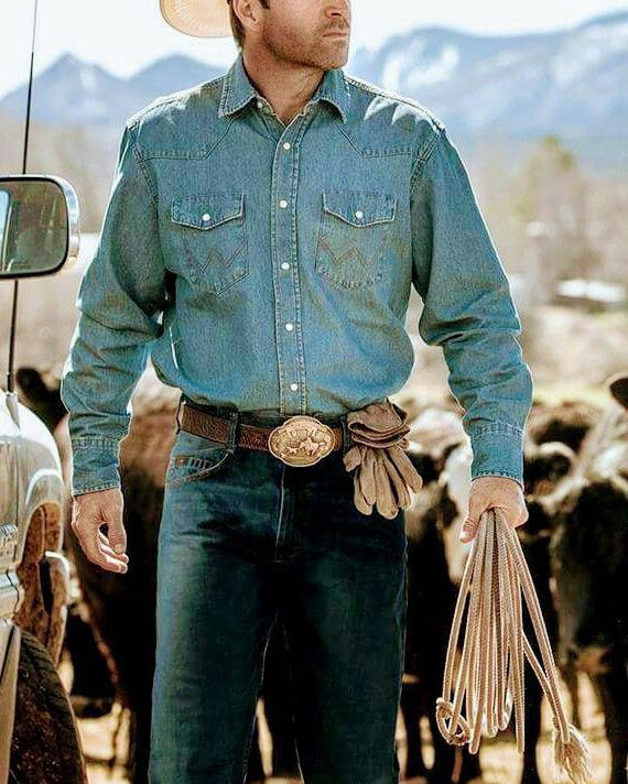 Men's Retro Western Denim Print Casual Lapel Long Sleeve Shirt