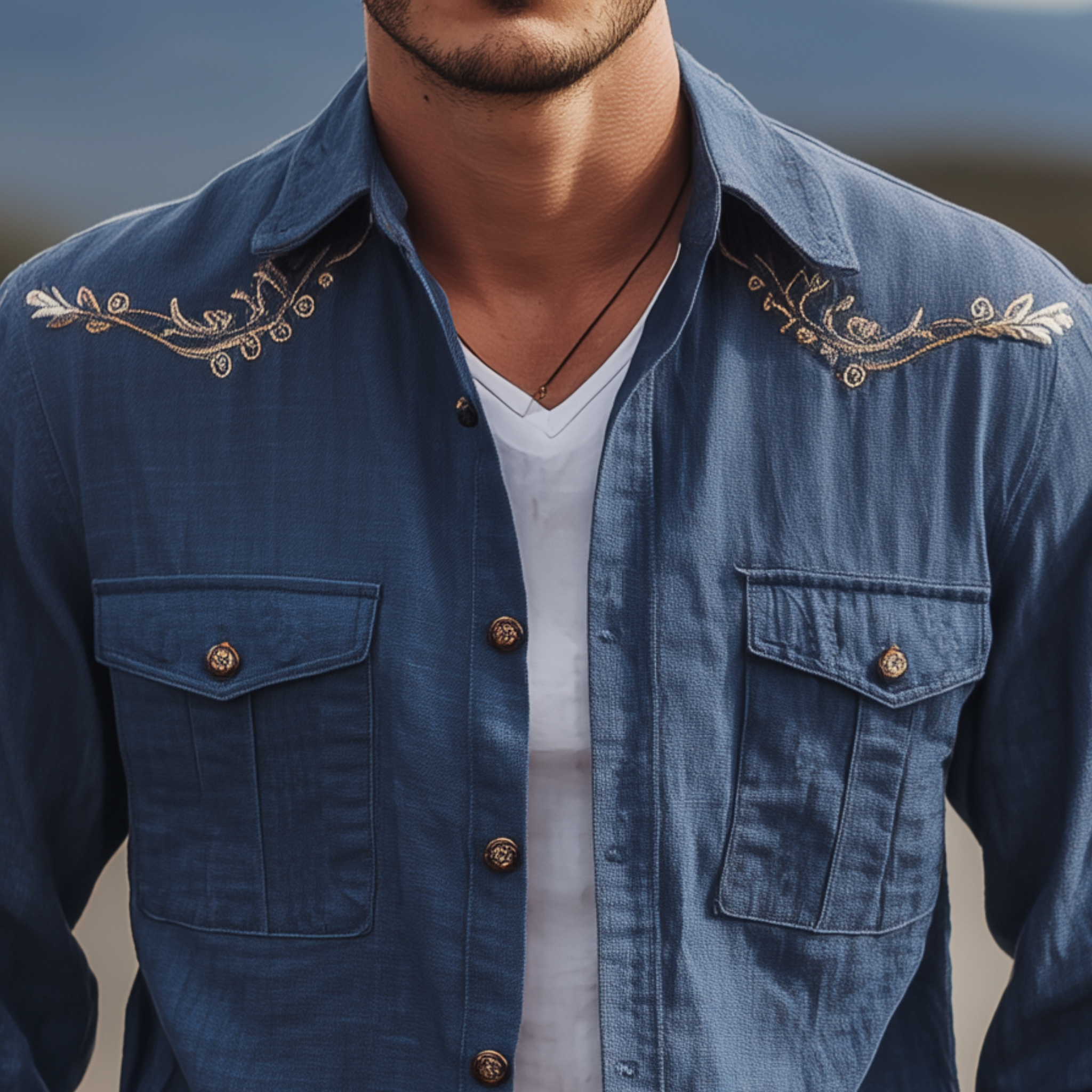 Men's Classic Casual Western Cowboy Style Embroidered Cotton And Linen Blend Long-sleeved Shirt MTA3195G7K