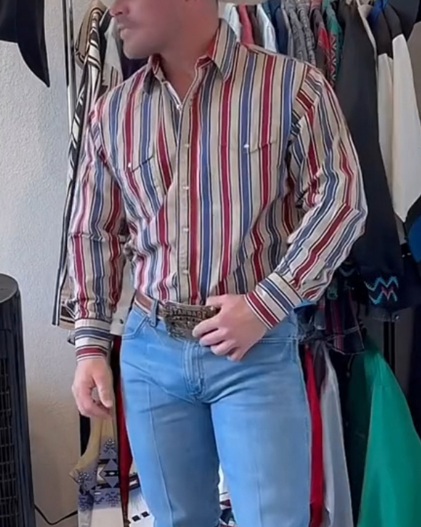 Men's Casual Retro Blue Striped Printed Long Sleeved Lapel Shirt