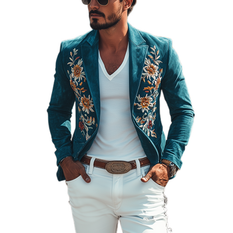Men's Classic Retro Casual Slim Fit Western Style Embroidered Sheepskin Suede Blazer 67207851K