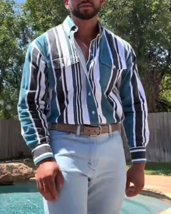 Men's Casual Retro Blue Striped Print Long Sleeve Lapel Shirt