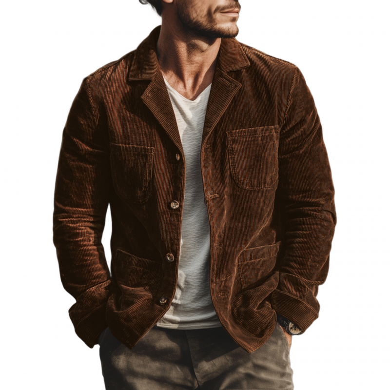 Men's Casual Solid Color Corduroy Lapel Single-breasted Patch Pocket Loose Cargo Jacket MTA3107G1M