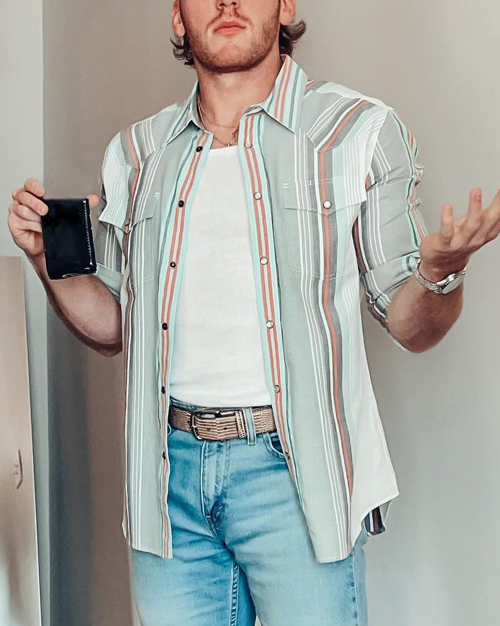 Men's Lapel Casual Western Blue Print Striped Shirt