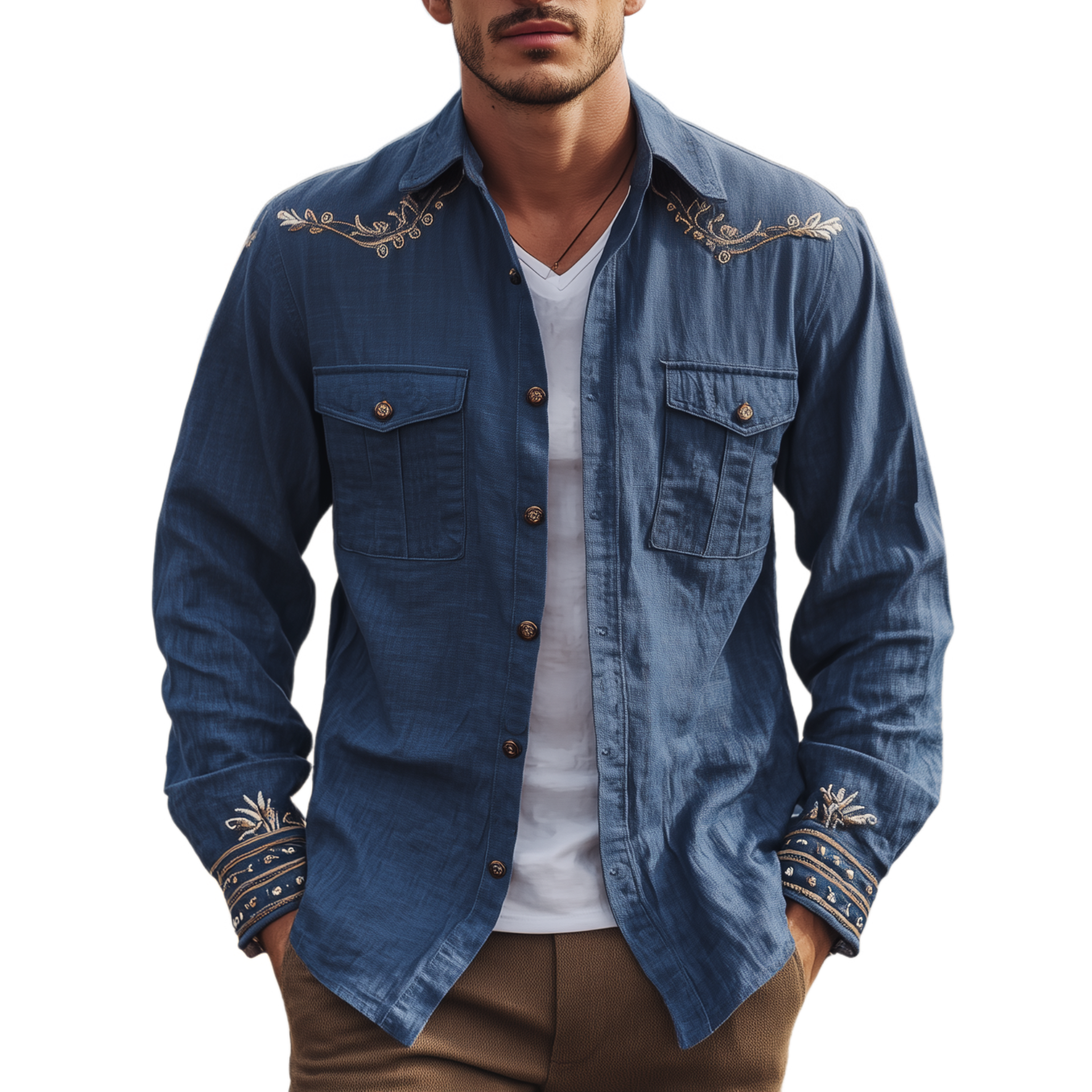 Men's Classic Casual Western Cowboy Style Embroidered Cotton And Linen Blend Long-sleeved Shirt MTA3195G7K