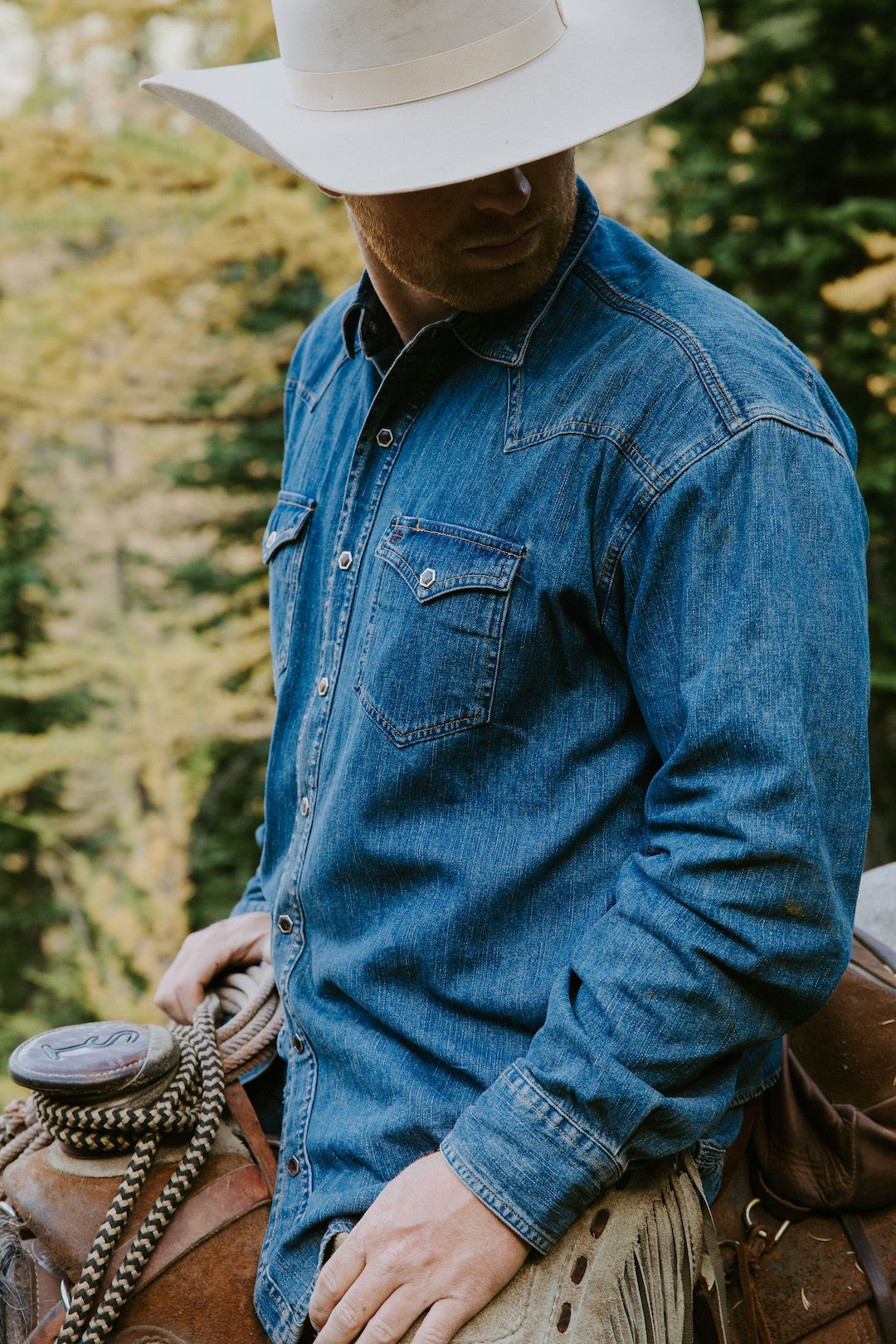 Men's Retro Western Denim Print Casual Lapel Long Sleeve Shirt