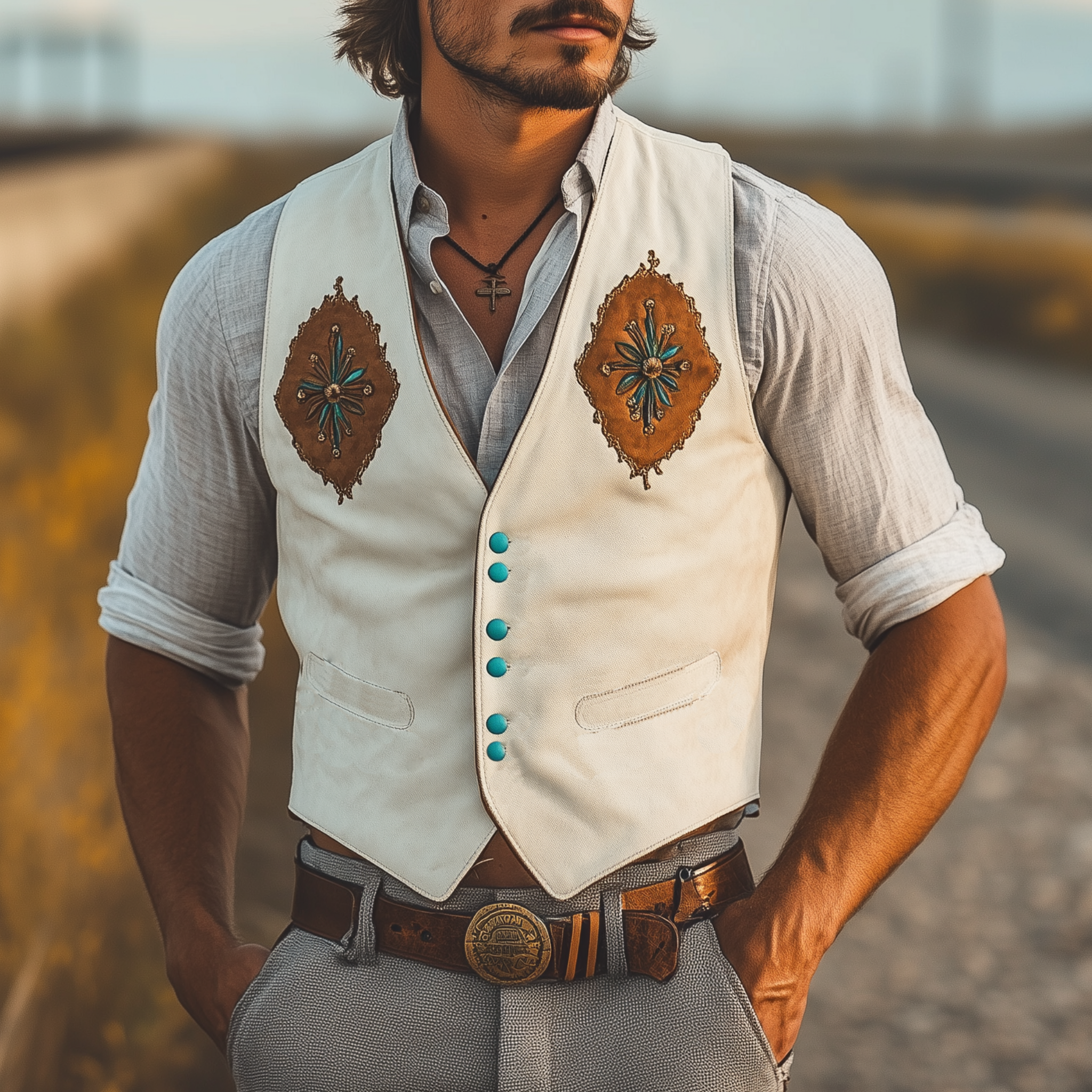 Men's Classic Casual Western Cowboy Style Embroidered Thin Suede Slim Vest MTA2288G2K