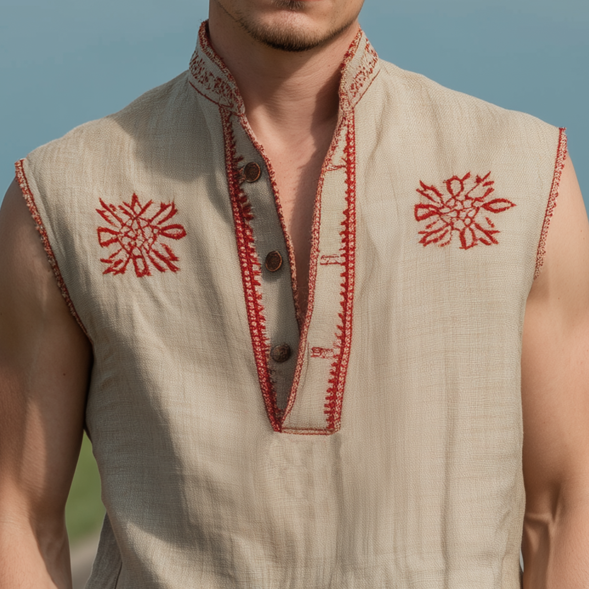 Men's Classic Casual Western Style Cotton And Linen Embroidered Henley Collar Loose Tank Top MTA2359G1K