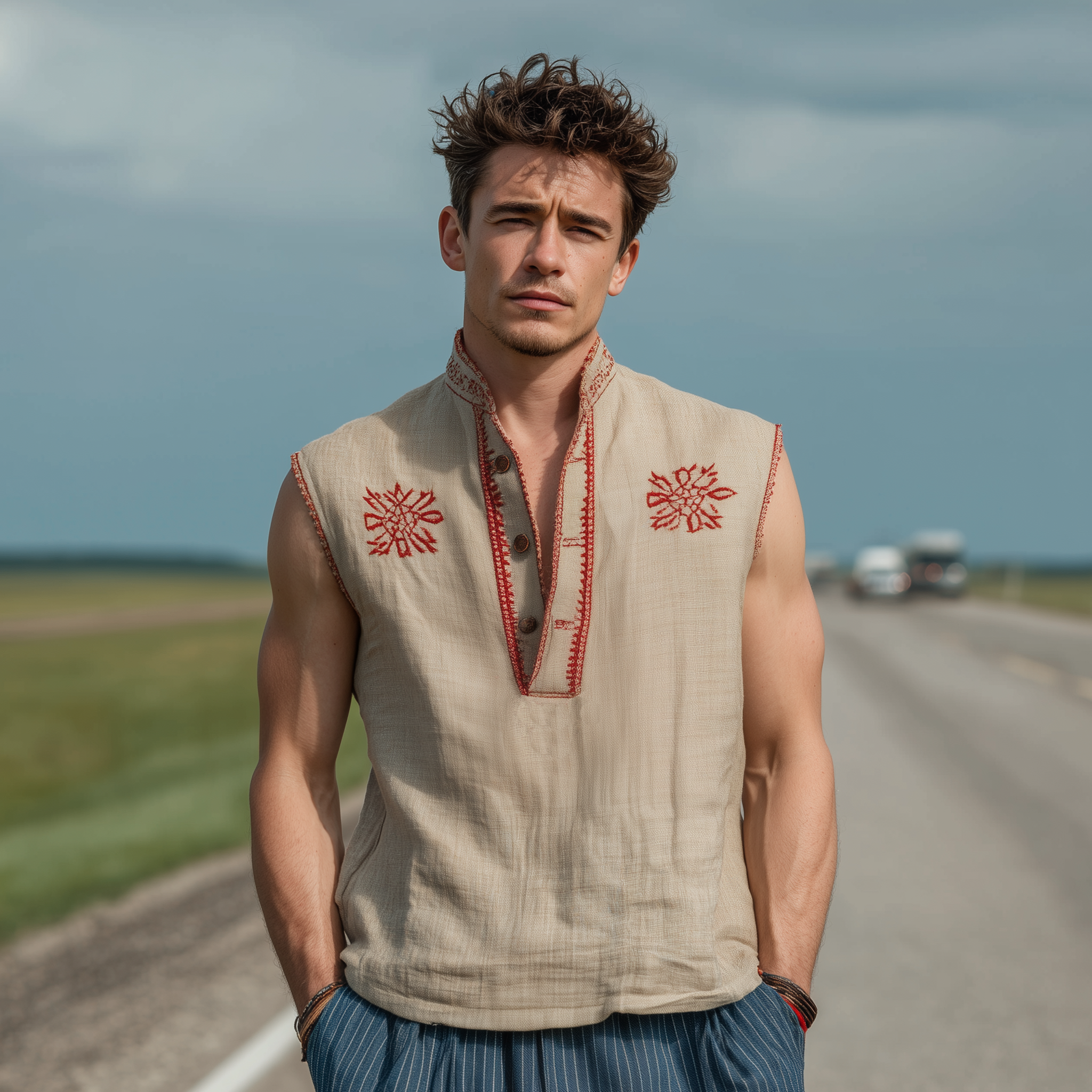 Men's Classic Casual Western Style Cotton And Linen Embroidered Henley Collar Loose Tank Top MTA2359G1K