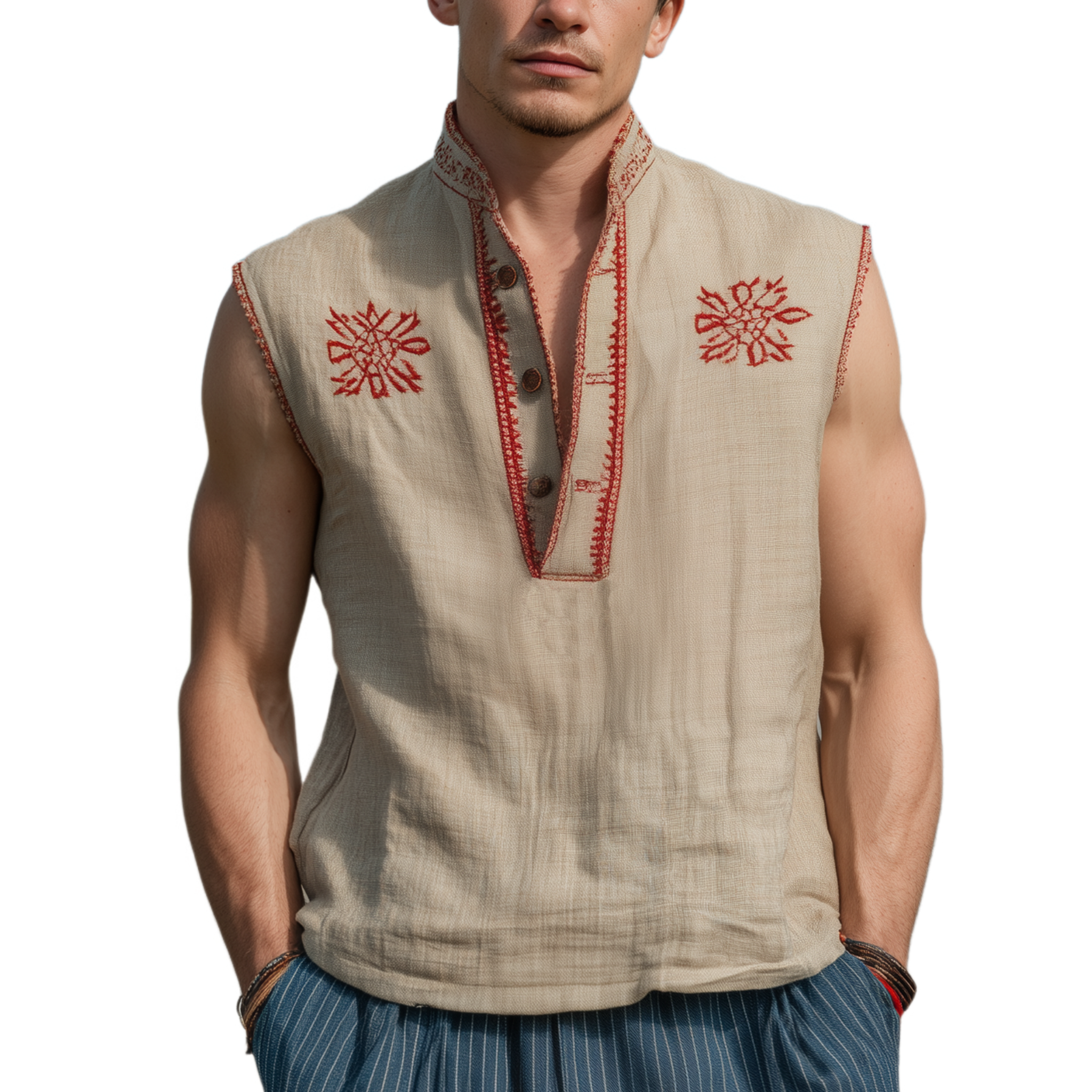 Men's Classic Casual Western Style Cotton And Linen Embroidered Henley Collar Loose Tank Top MTA2359G1K