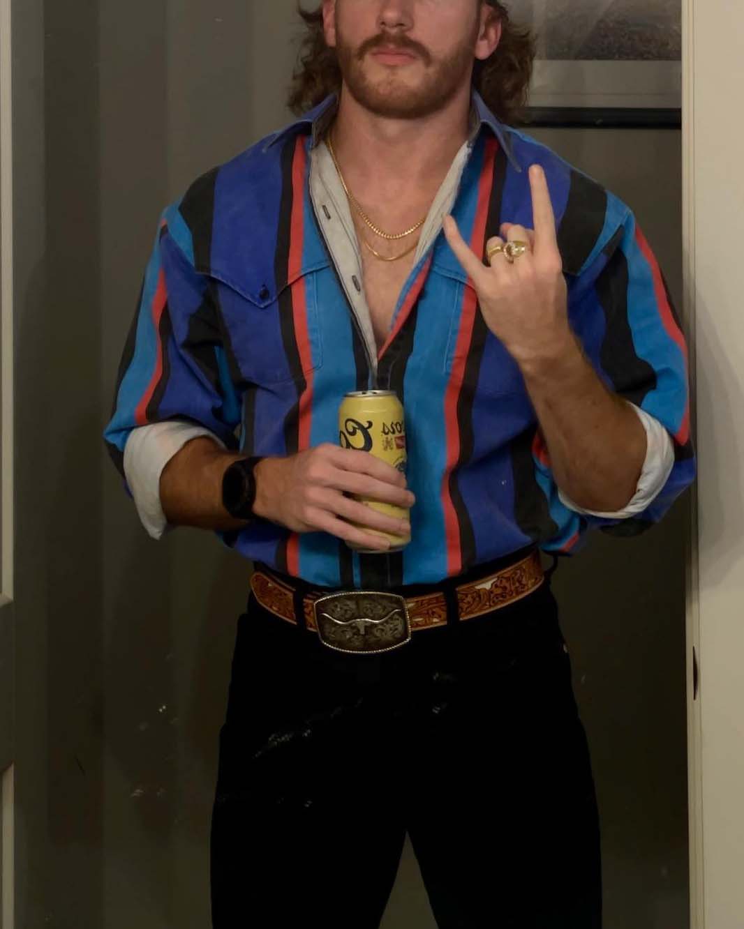 Men's Fashion Western Blue Red Stripe Long Sleeve Shirt