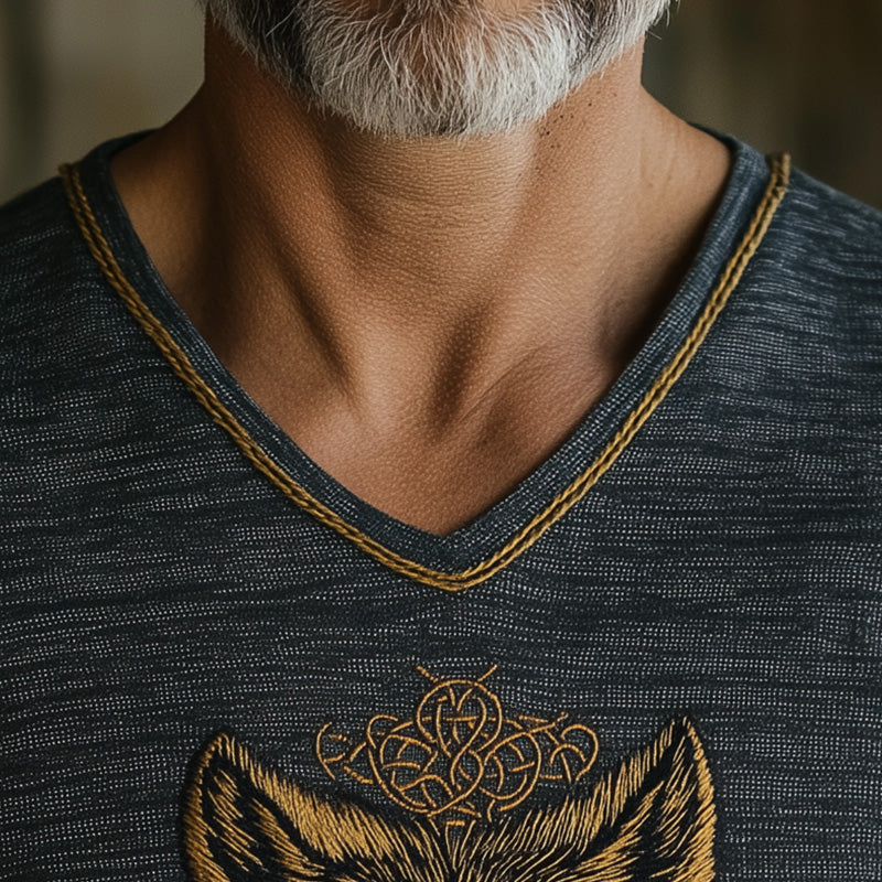 Men's Summer Western Cowboy Style Embroidered Linen Short-sleeved T-shirt MTA2216E5P