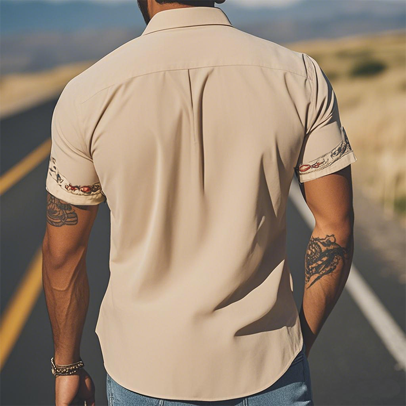 Men's Spring/Summer Fashion Retro Western Style Suede Embroidered Short Sleeve Shirt MTA1533D2K