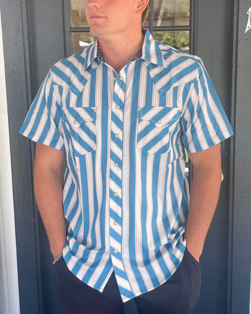 Men's Casual Retro Blue Stripe Print Short Sleeve Lapel Shirt